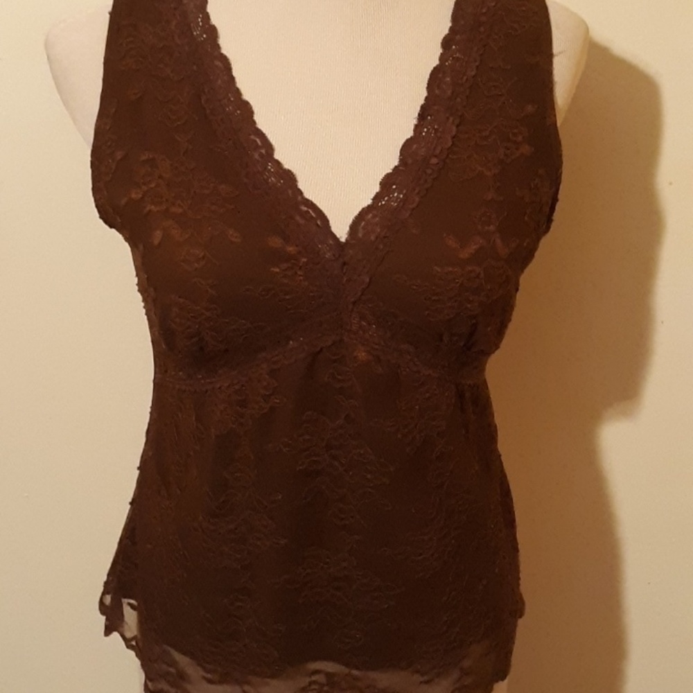 Brown V Neck Lace Top
